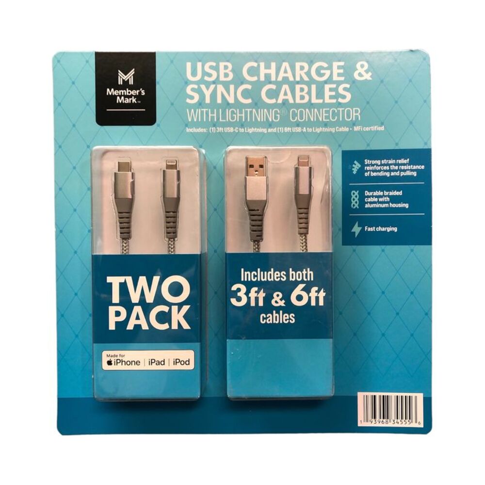 Member's Mark USB Charge & Sync 8-Pin Cables - Made for iPhone, iPad, iPod